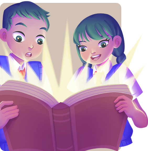 Two children reading a glowing book
